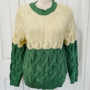 Blank NYC Cream & Green Cable-Knit Colorblock Crew Sweater